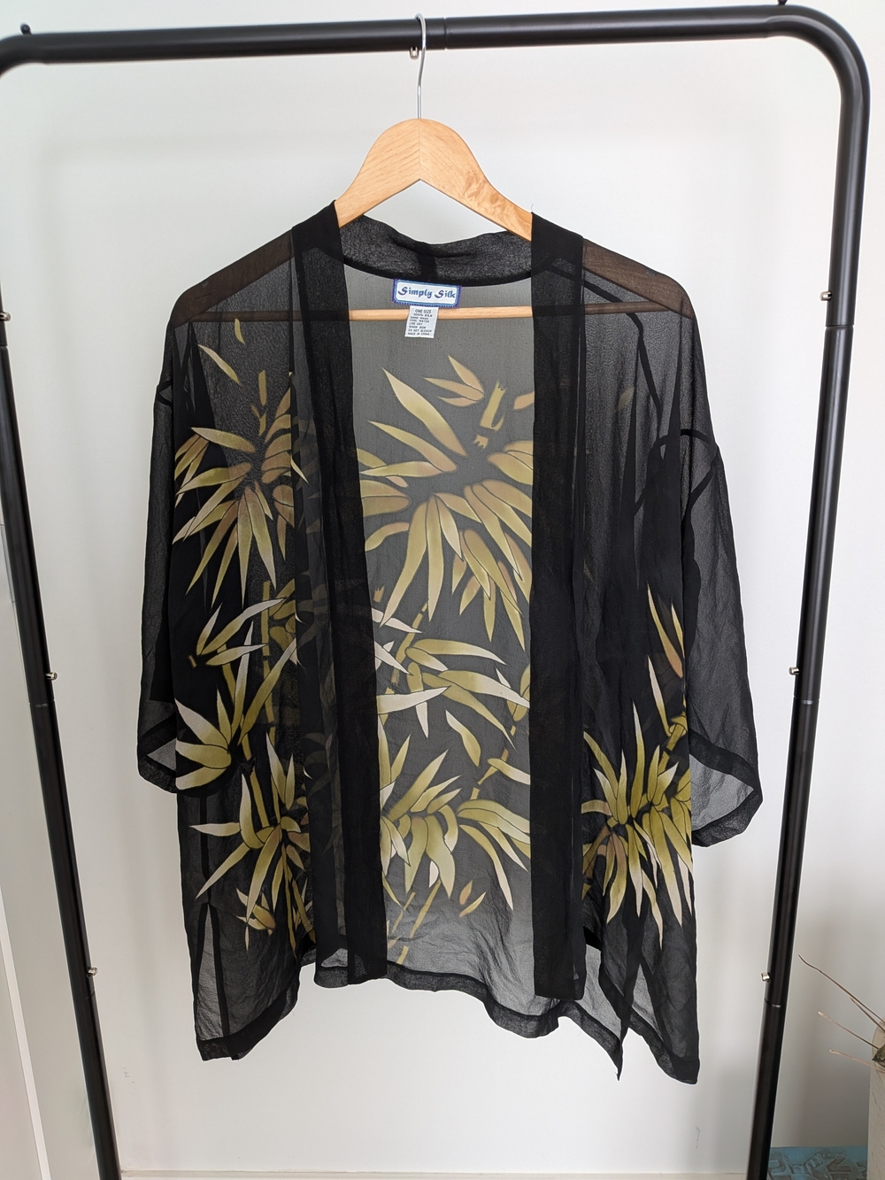 Black Silk Bamboo Print Kimono Cover-Up